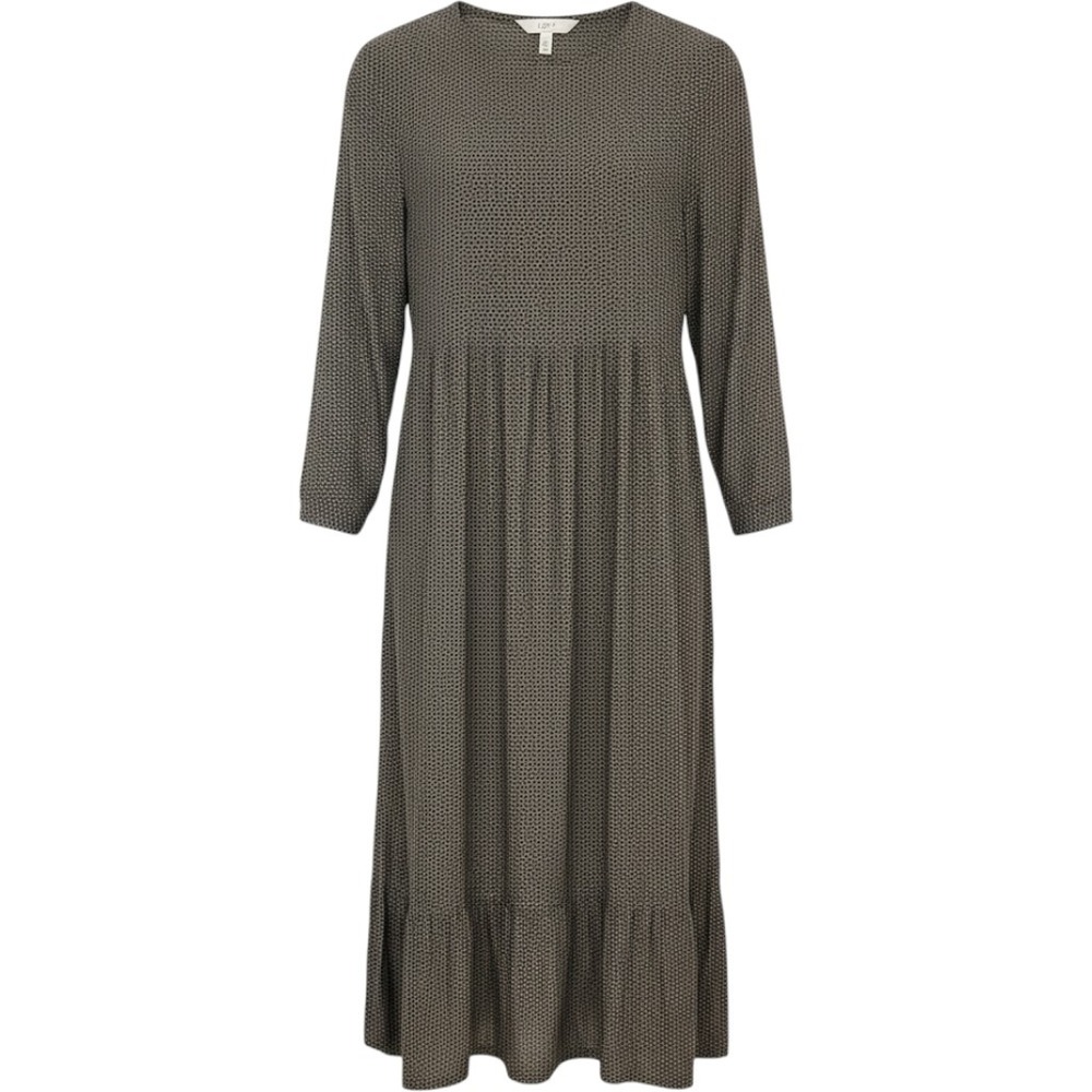 Loft Peasant Midi Dress Small Empire Ruffle Hem Olive Green Print 3/4 Sleeve